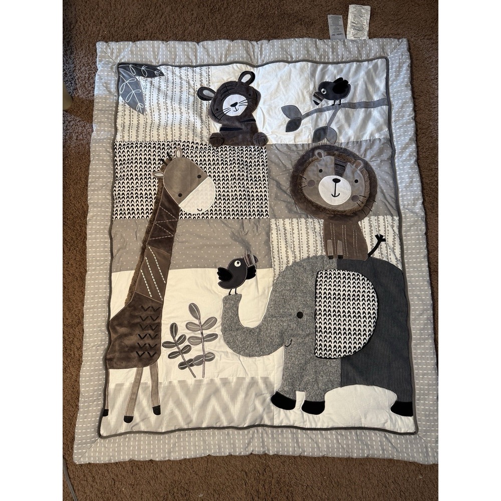 Lambs & Ivy Safari Adventure Jungle Crib Quilt Gray Embroidered Cotton Polyester